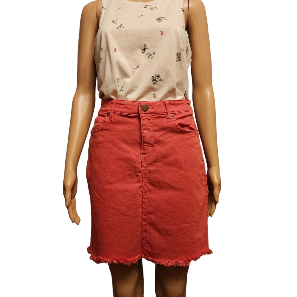 Loft Coral Pink Denim Mini Skirt With Frayed Hem Size 2